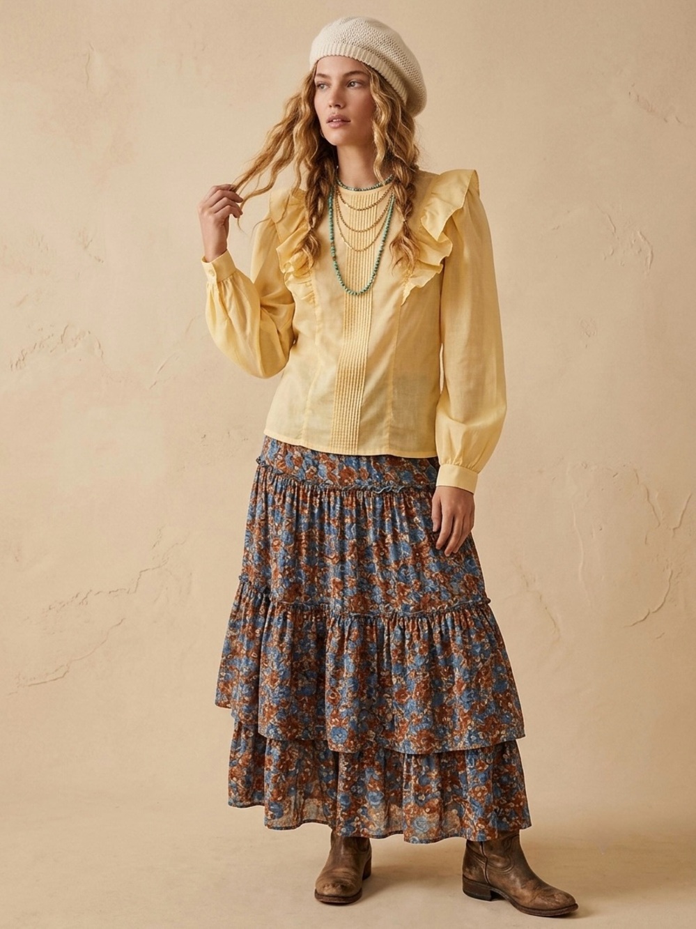 Vintage 70s You Babes Pastel Yellow Ruffle Tuxedo Pleat Blouse Back Button Sz S - Picture 2 of 16